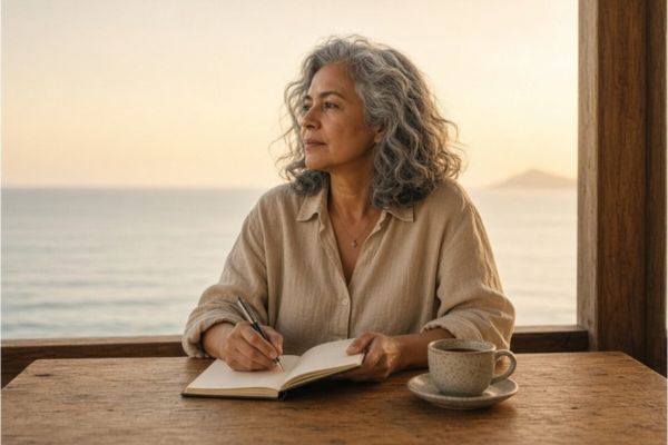 Mulher de cabelos grisalhos escreve em um caderno à beira-mar ao entardecer, em gesto de reflexão sobre um novo projeto.